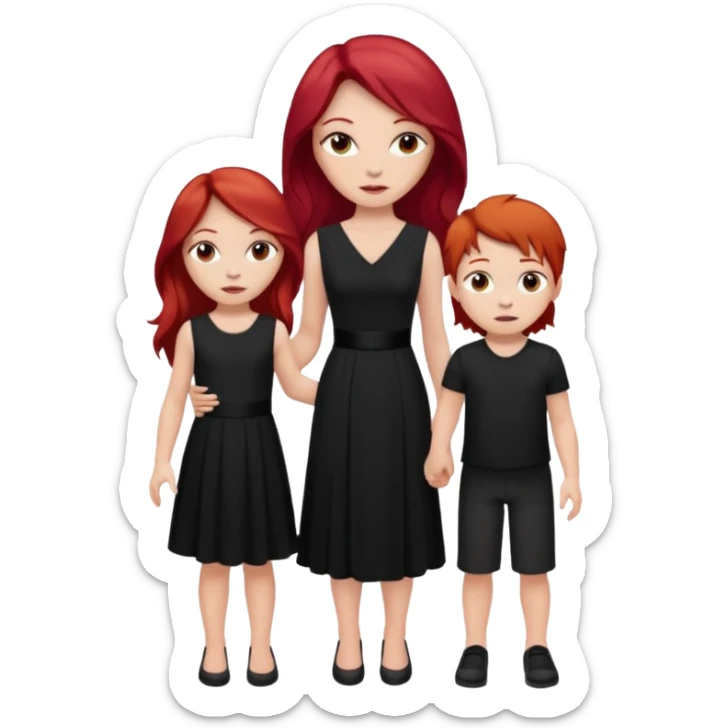 White woman in black dress with long red hair and makeup with two kids in beige clothes  sticker