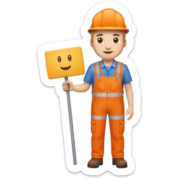 emoji style railway engineer full body in orange overalls, holding a sign in front of him sticker