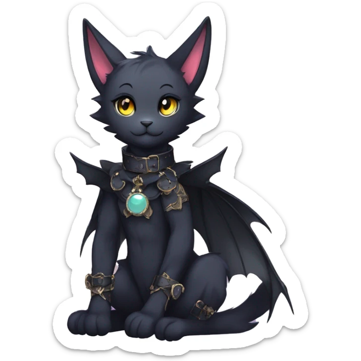 cool edgy beautiful pretty anthro godly colorful ethereal black fantasy elegant nargacuga-bat-cat-Fakemon wearing a collar, techwear punk style, full body sticker