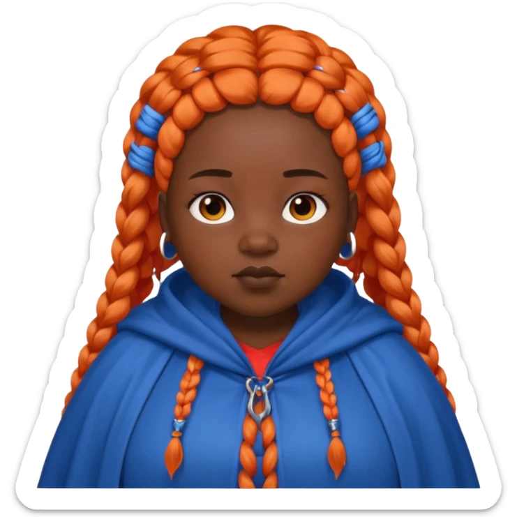 red orange braids hair girl, black skin, fat, wear blue cloak sticker