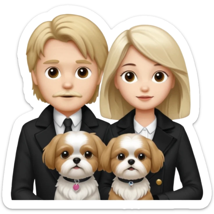 A couple boy with nice hair  and beautiful girl with long dark blond hair and with two shih tzu dogs with  black and white coat sticker