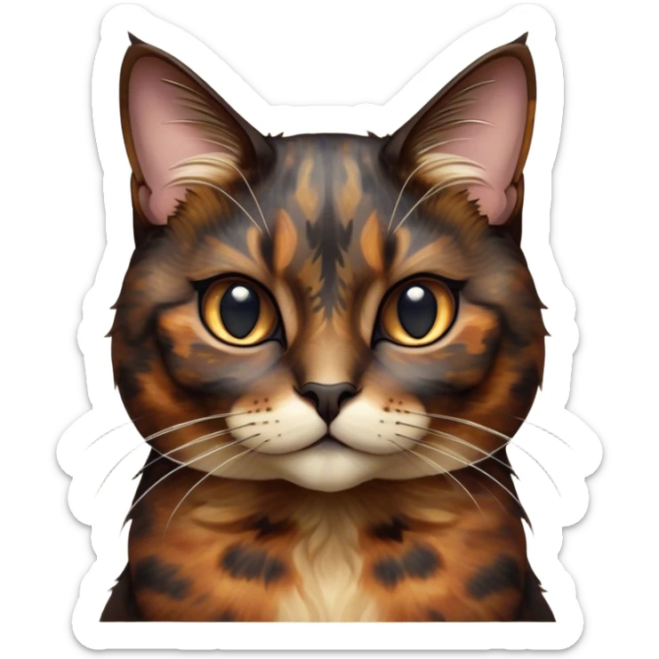 Cinematic Noble Tortoiseshell Cat Portrait Emoji, Poised and dignified, showcasing a luxurious, mottled fur of rich browns and blacks, with elegantly arched whiskers and a determined yet gentle expression, simplified yet meticulously detailed, glowing with a subtle, regal radiance, high shine, embodying quiet nobility and refined charm, soft glowing outline, capturing the essence of a sophisticated tortoiseshell cat exuding quiet authority! sticker