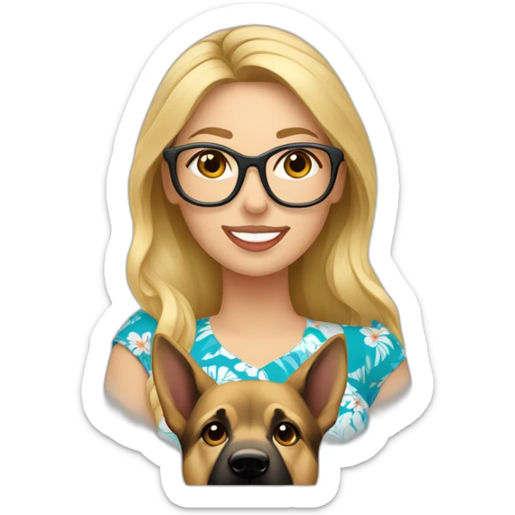 blonde caucasian woman wearing glasses in hawaiian shirt with german shepherd sticker