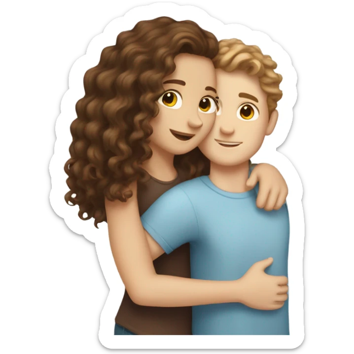 white girl with brown long curly hair and white boy with brown short curly hair hugging sticker