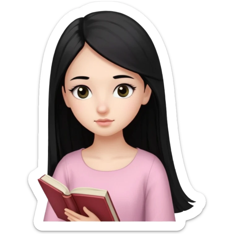 Cabelos pretos longos lisos ,olhos pretos puxadinho para cima com cílios grandes Pele clara ,nariz pequeno ,lábios mais carnudos ,adolescente 16 anos , com vestido de rosa claro ,lendo um livro. sticker