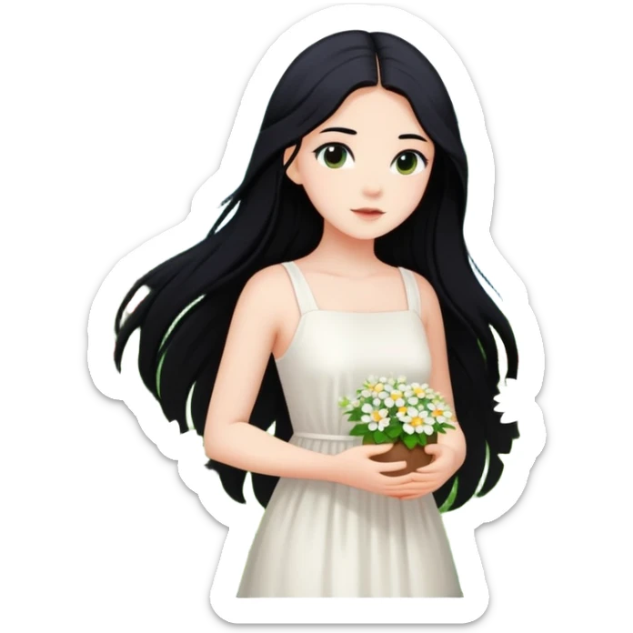crea un chica blanca con cabello negro largo bonita vestida de blanco conectando con la naturaleza rodeada de flores  sticker