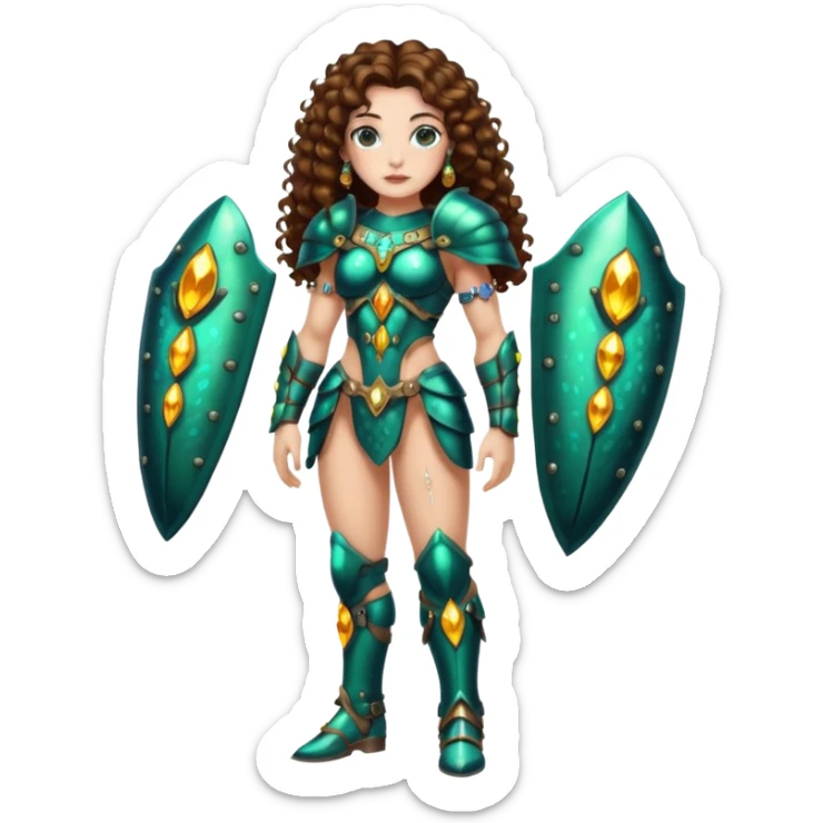 full body woman long curly brown hair brown eyes white skin tattoos muscular build covered in jewel beetle armor pieces sticker