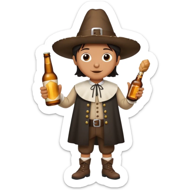 Mexican mandressesd as  pilgram Thanksgiving holding a Turkey drumstick and a bottle beer sticker