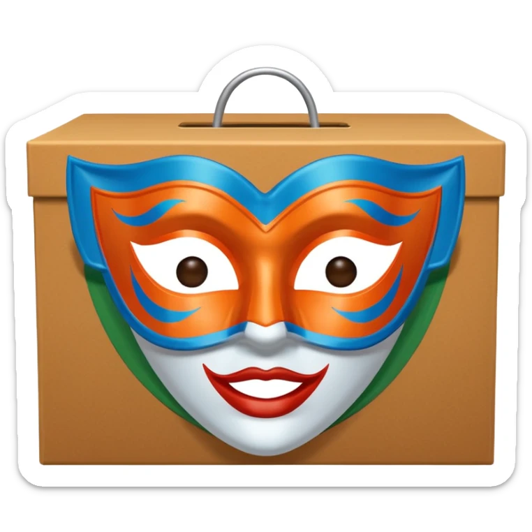 a box and a carnival mask in orange, blue and green on top of it , trying to make a carnival pack sticker