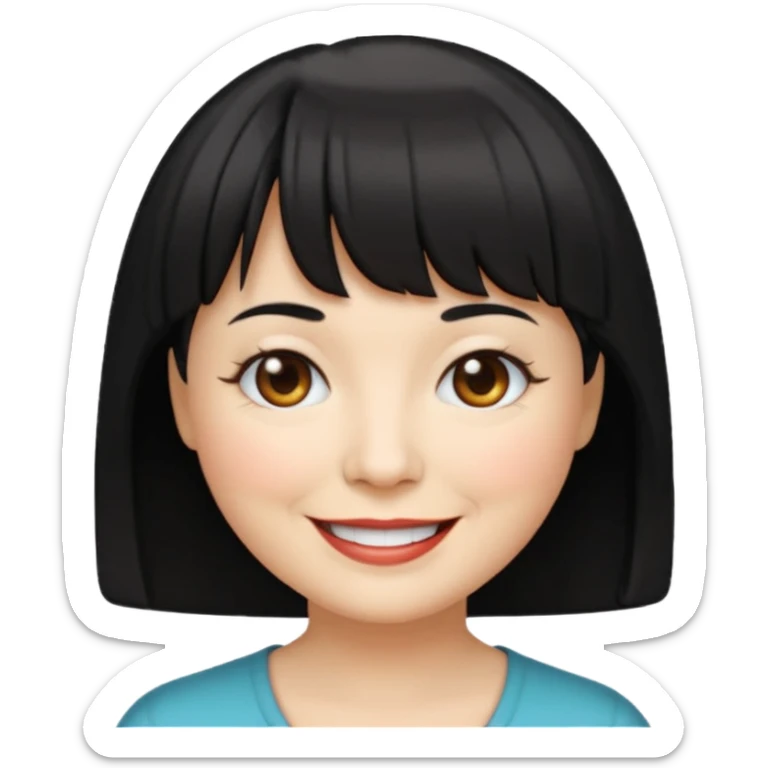 Illustrated emoji of a middle aged woman with short black hair and bangs, white skin and dark eyes sticker