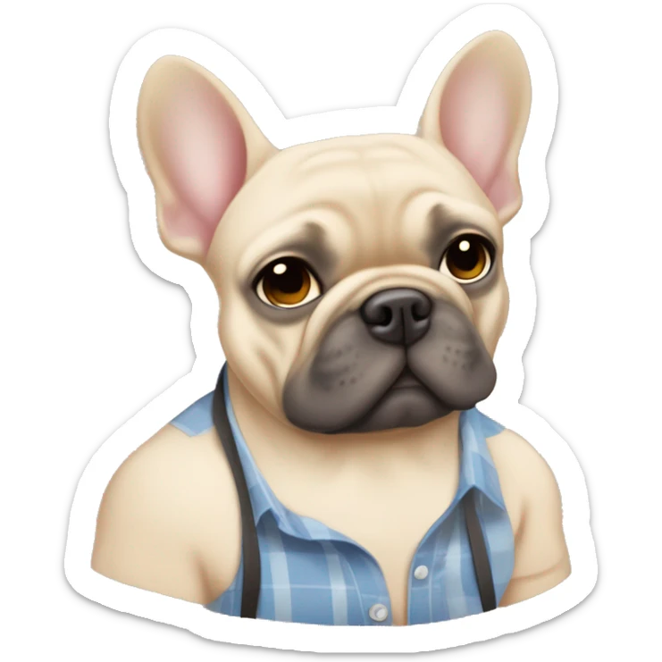 Frenchie breeder with blue eyes and light skin he’s from Cuba and a blonde haired fat frenchie and a fluffy dark grayish one and his shirt needs to say “Lazy Bulls” sticker