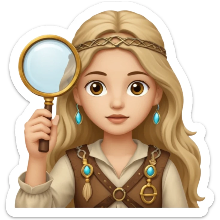 long haired girl in archaeological outfit, holding magnifying glass sticker