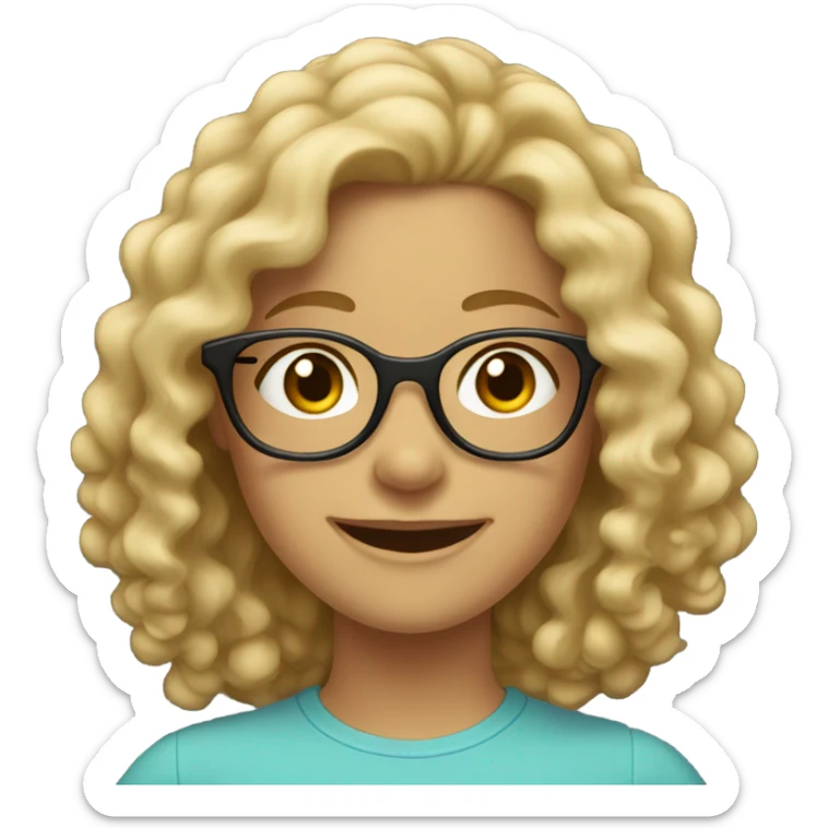 A blonde girl with curly hair up to her shoulders, wearing glasses, is smiling. sticker