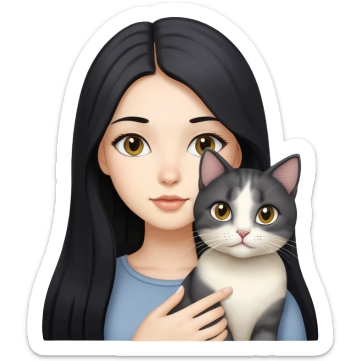 Beautiful girl with long black hair holding a gray and blonde mixed cat sticker