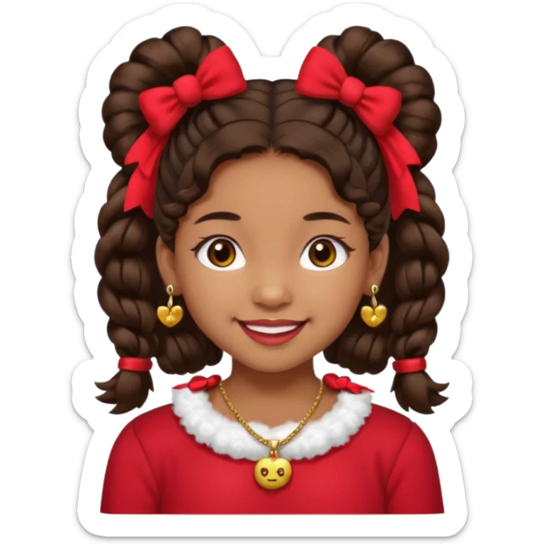 Brownskin girl dark brown hair fluffy. pigtails with red bows brown eyes smiling closed mouth red shirt gold esrrings gold necklace sticker