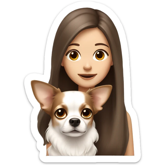 medium brown hair girl with white long haired Chihuahua (with light brown ears) sticker