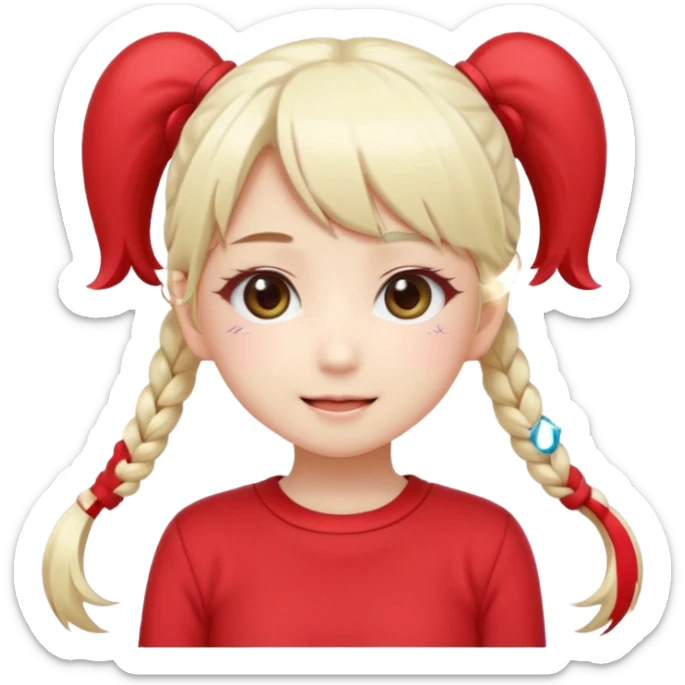 Cute kawaii emoji-style Japanese K-pop girl, long platinum blonde hair in twin tails, red outfit, Japanese K-pop idol vibes, big sparkling eyes, chibi proportions, clean lineart, pastel colors, cheerful idol smile, sticker/emoji style, transparent background sticker