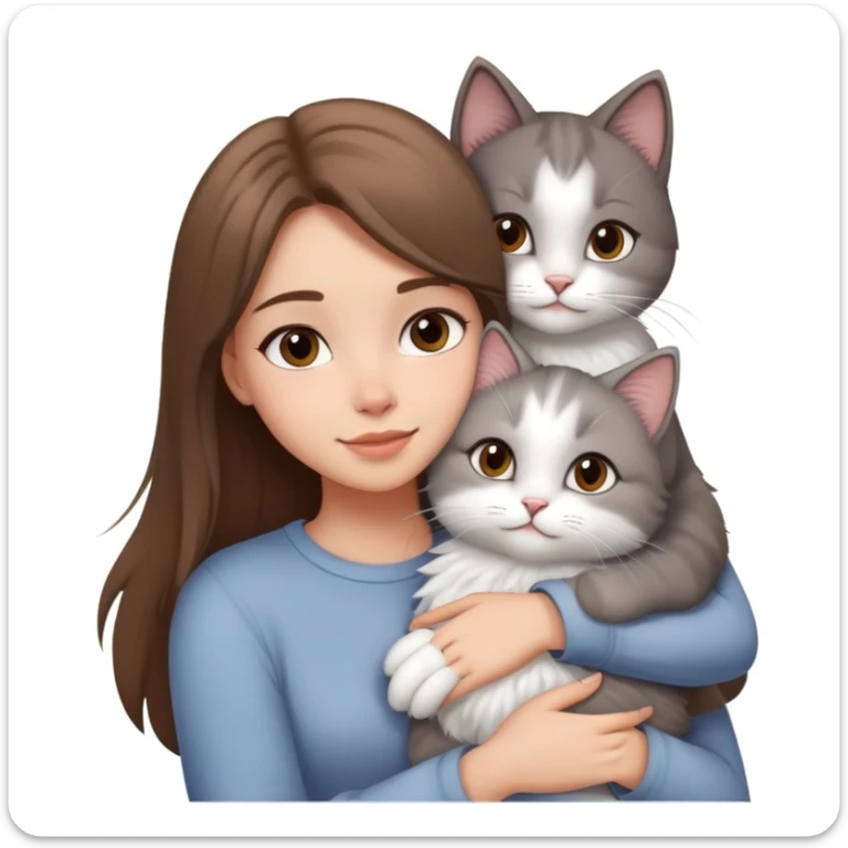 Pretty girl with light skin,straight and brown hair hugging a gray and white fluffy cat emoji  sticker