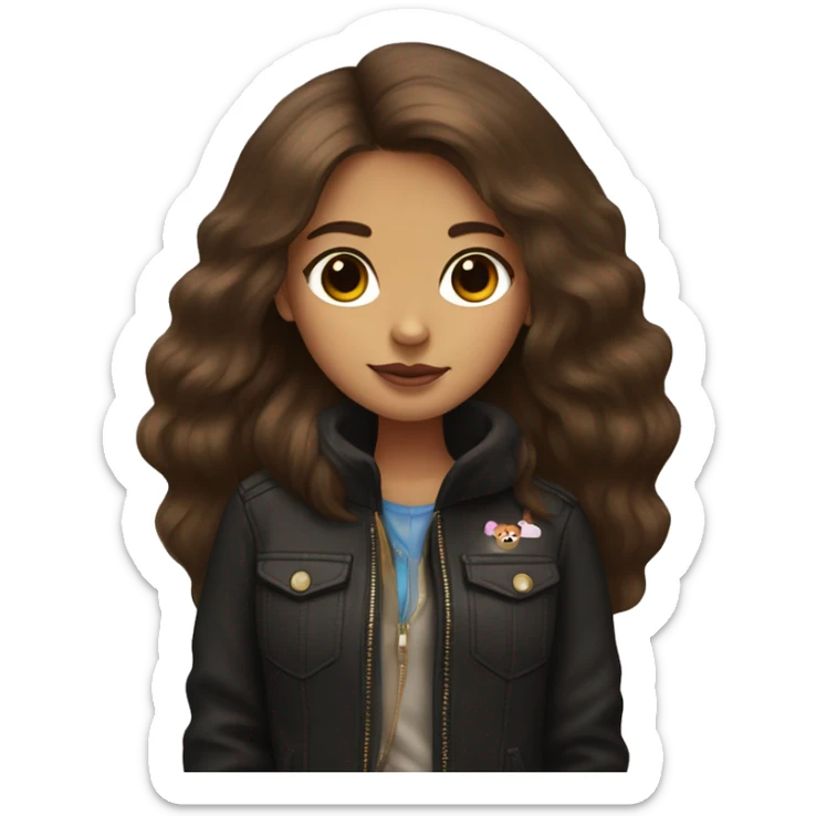 girl with long brown hair holding, in rad jacket and black Pomeranian spitz sticker