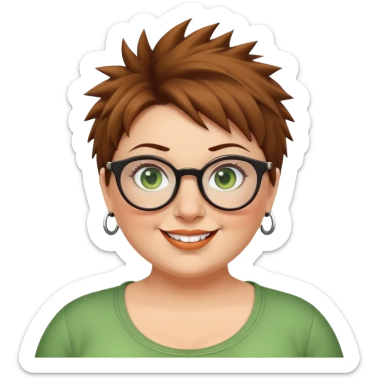  plus size white women round nose with short  brown shaggy spiked hair wearing glasses green eyes happy sticker