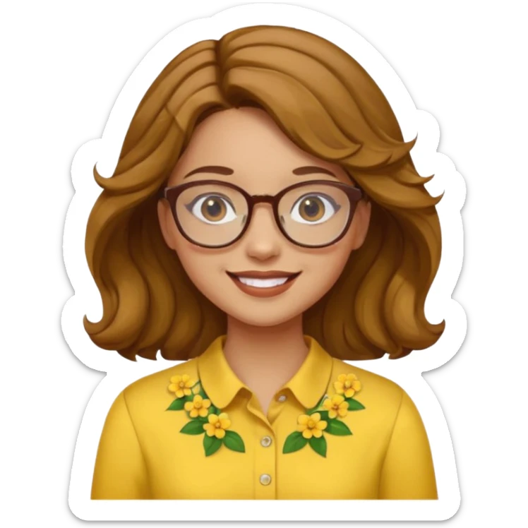 girl with a yellow blouse with flowers, with hair in waves with glasses smiling sticker