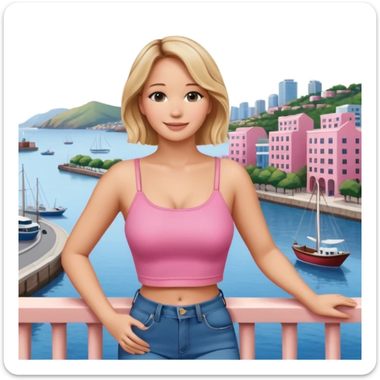 jennifer lawrence, pink crop top, and blue jeans, leaning on a balcony with a harbor and cityscape in the background, smiling sticker