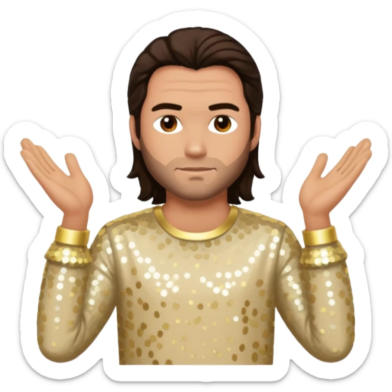 Chris Pontius from Jackass with long dark brown hair, cream sequin outfit sticker