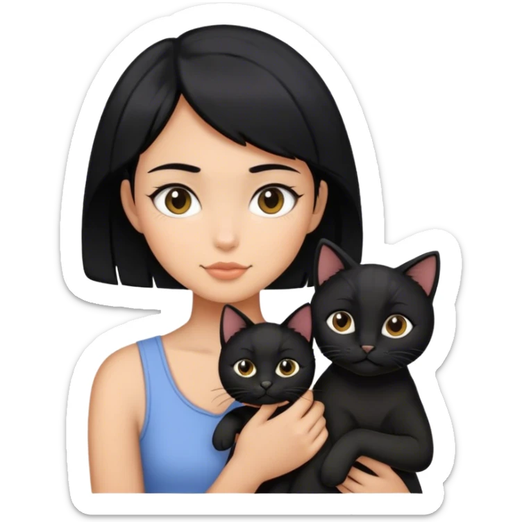 Black hair girl with short hair holding two black cats sticker