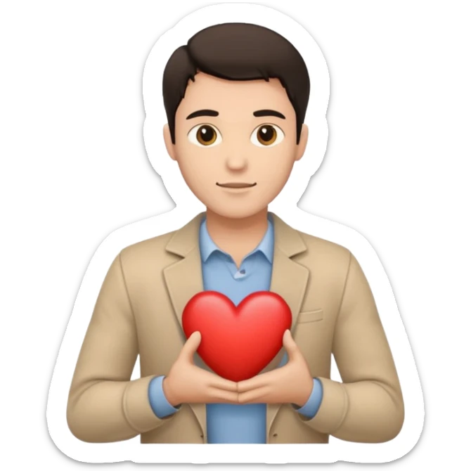 A white handsome man with dark hair and beige clothes with beige heart in his hands sticker