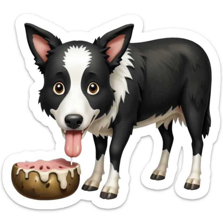 A black and white border collie is chewing on a rotten, smelly cow's hoof. sticker