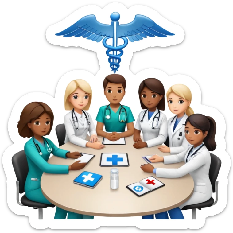 Group of medical professionals sitting around a table in a meeting, with emergency medical symbols sticker