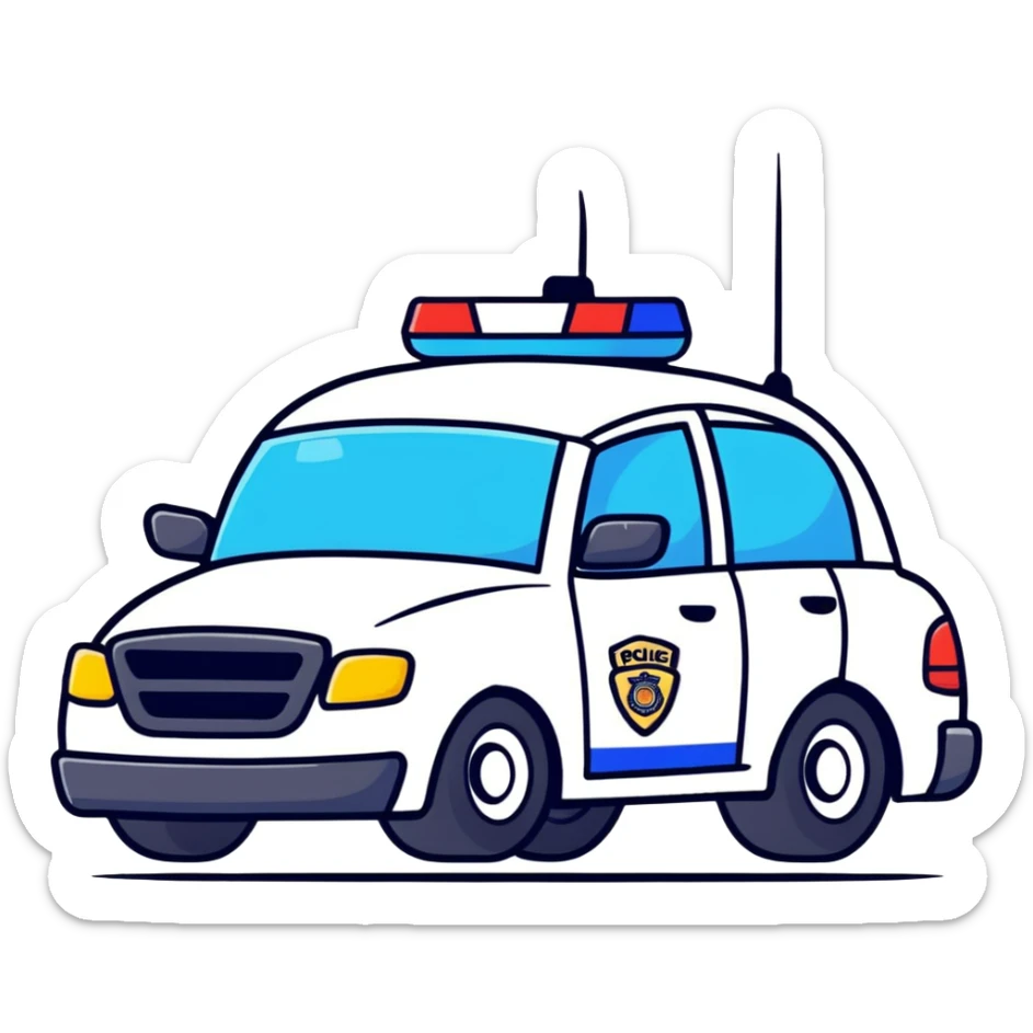 A cartoon police car character with a cute face, flashing lights and a small badge sticker