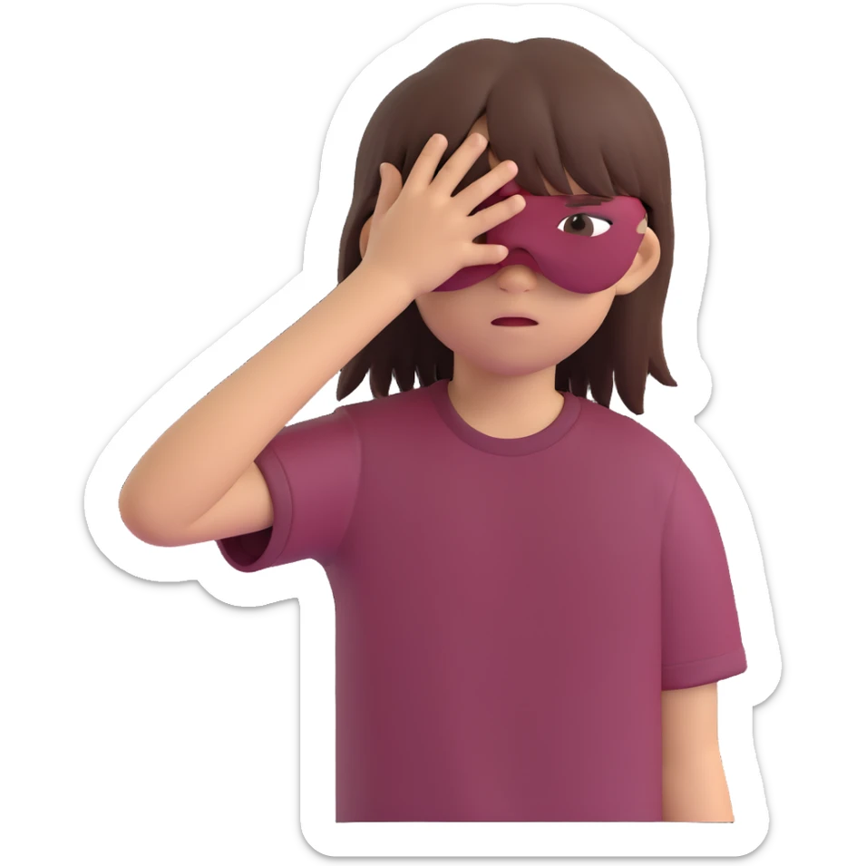 A boy with bangs covering his eyes, long hair sticking out at the back, and long side locks. He has brown eyes and dark brown hair, and is wearing a maroon t-shirt. sticker
