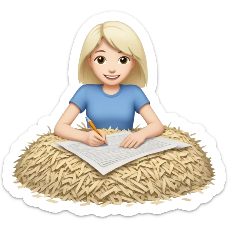 emoji where some is writing story and sitting near pile of shredded paper sticker