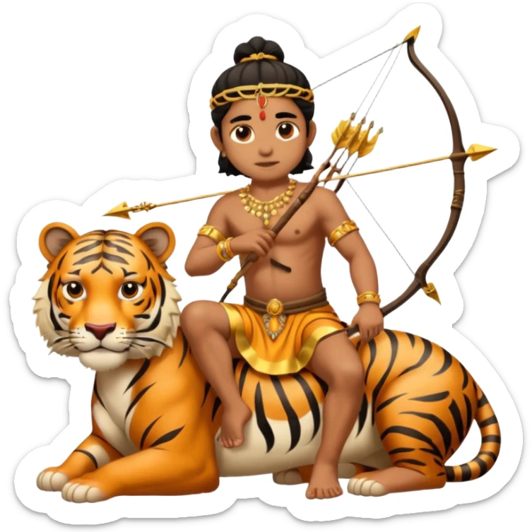 Ayyappa sitting on tiger with bow and arrow and wearing a gold and king dress sticker
