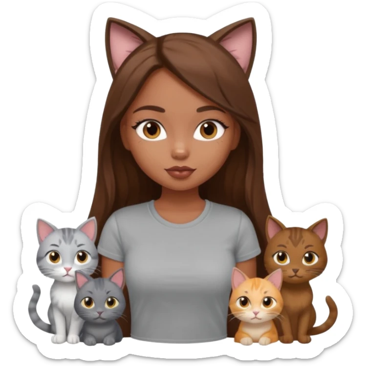 a pretty bratz dusky girl with long brown hair with six cats nd wearing a grey tshirt sticker