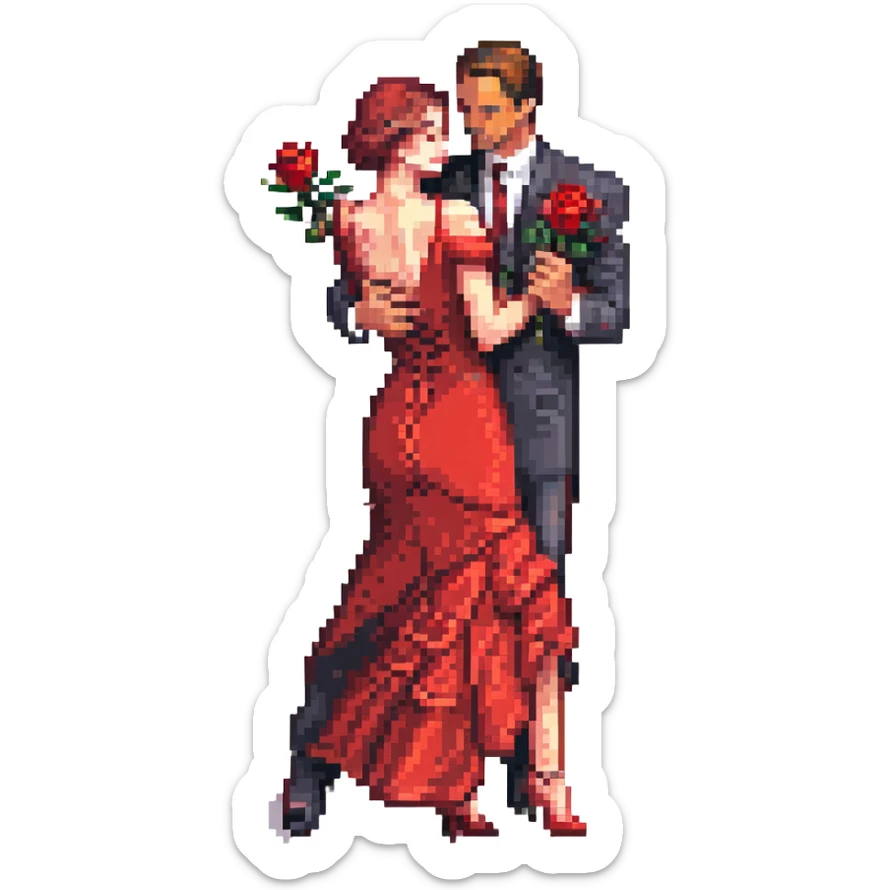 pixel art of a cute couple dancing Spanish tango, man in black suit with red rose, woman in red dress, dramatic tango pose, close embrace, vibrant and elegant, emoji size sticker