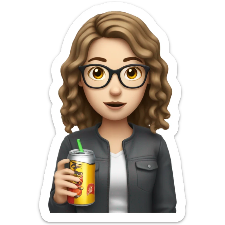 tired white girl with brown hair and glasses drinking energy drink sticker
