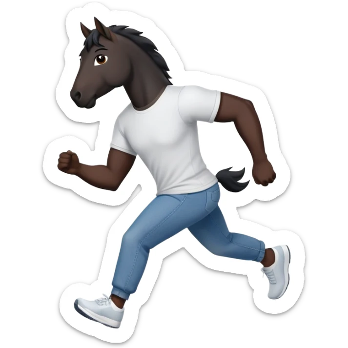 friendly anthropomorphised black stallion in jeans and a t-shirt, jogging upright in relaxed pose sticker