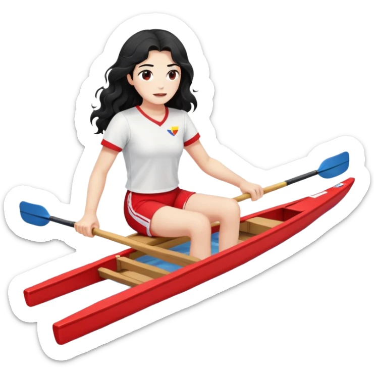 girl with long black wavy hair, white skin, wearing red shorts and white short-sleeve t-shirt, sitting in a professional Olympic rowing boat rowing, facing fully right sticker
