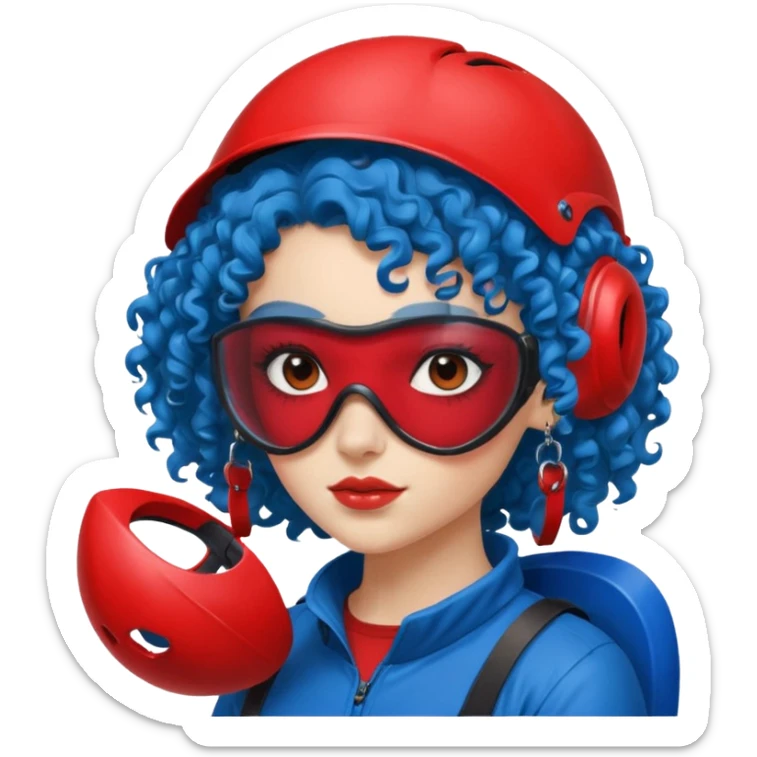 blue curly haired girl with huge earrings wearing red paintball helmet with eye protection, only face  sticker