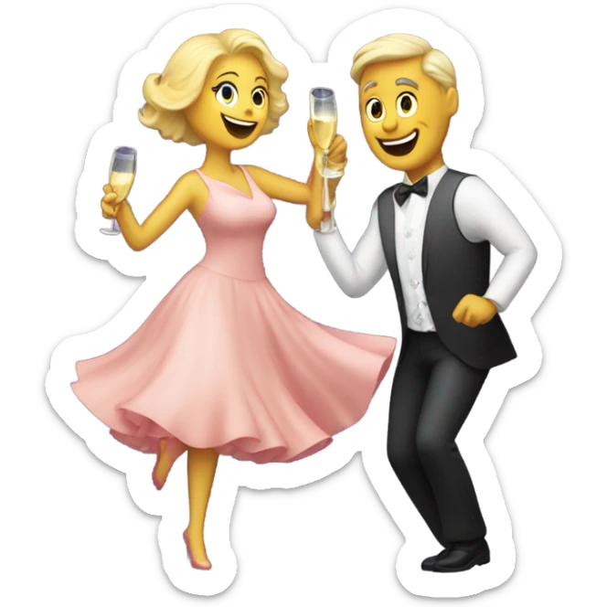 A fifty years man and a blonde woman dansing with a cup and bottle of champagne by night sticker