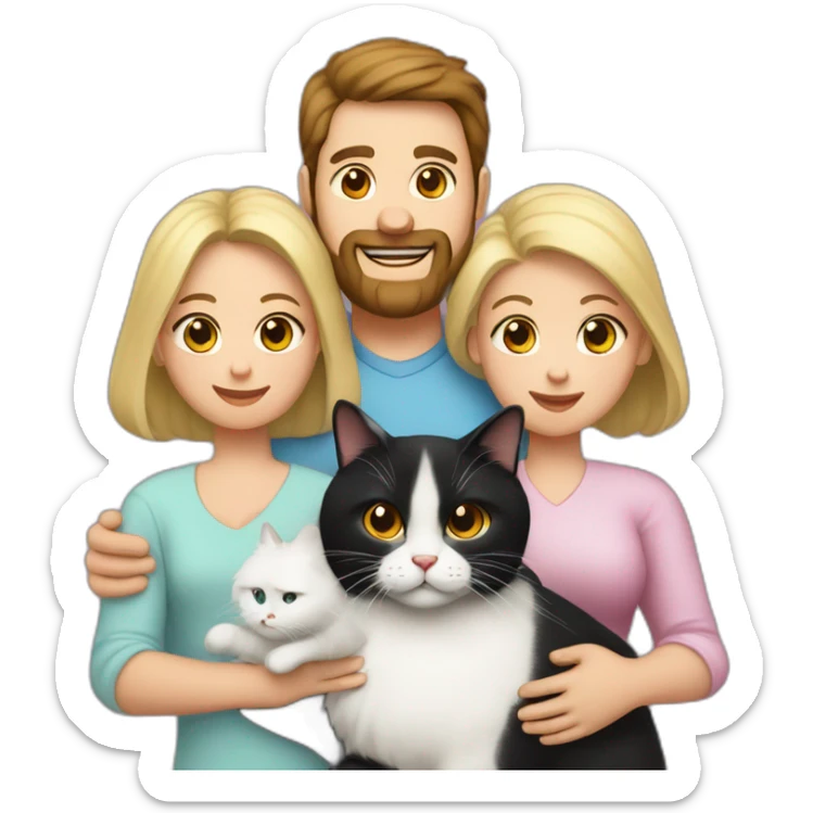 Family photo a fat husband with a beard is holding a white cat and wife with straight hair is holding another black cat sticker