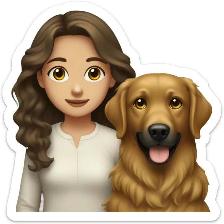 Girl with brown hair and green brown eyes next to a black golden retriever sticker