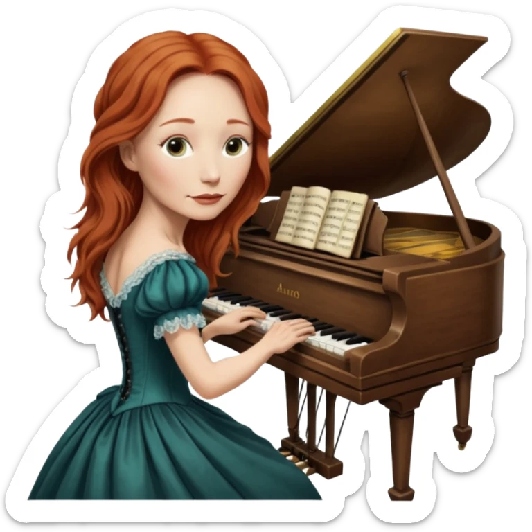 cinematic realistic - very old aged Tori Amos - playing the piano in a Victorian dress sticker