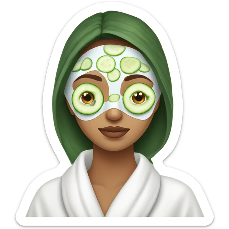 Girl with freackles Brown hair white skin and blue eyes wears Green colored texture skin care mask while She relaxes and puts two round piece of cucumber on her closed eyes In a white Robe sticker