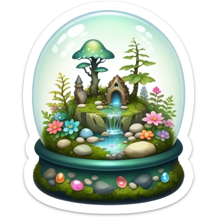 Sparkly shiny iridescent Mystical woodland glass-dome-terrarium-globe with moss inside, with marbles, with pebbles, crystals, with bones inside, and flowers inside  sticker