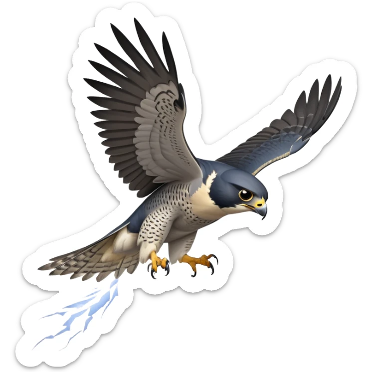 cinematic-peragrin falcon-realistic-full-body-diving-emoji,-sleek-aerodynamic-frame-plummeting-through-the-air-with-lightning-speed,-razor-sharp-talons-poised-for-the-strike,-feathered-wings-angled-for-maximum-precision,-keen-dark-eyes-locked-onto-its prey sticker