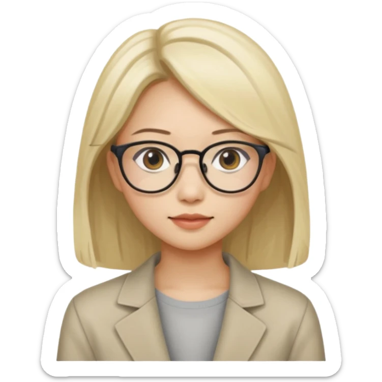 asian looking female with slight blonde hair a little longer  with eye glasses, fair complexion not that pointed nose but slighty little eye please make the hair longer shoulder length sticker