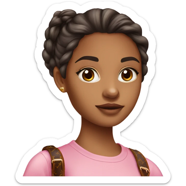 young women with dark brown eyes and hair wears the pink t-shirt and has Louis vuitton bag sticker